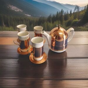 Baker Hart Stuart Vintage Ceramic Tea Set Teapot w/ Copper Cover 4 Cups  Unused